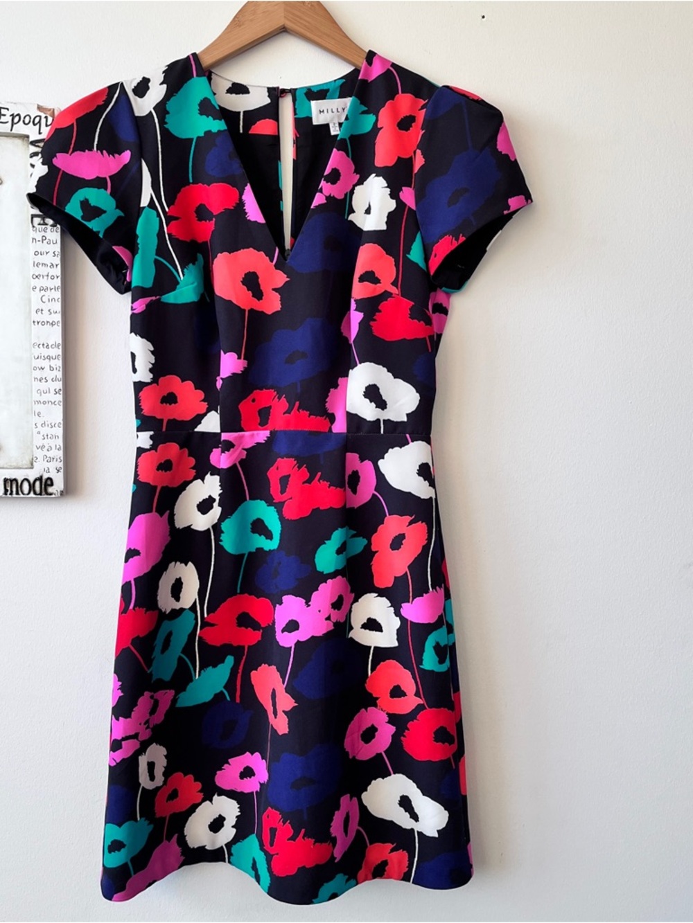 Milly Black Bold Poppy Floral Short Sleeve  Feminine Mini Dress Size 2